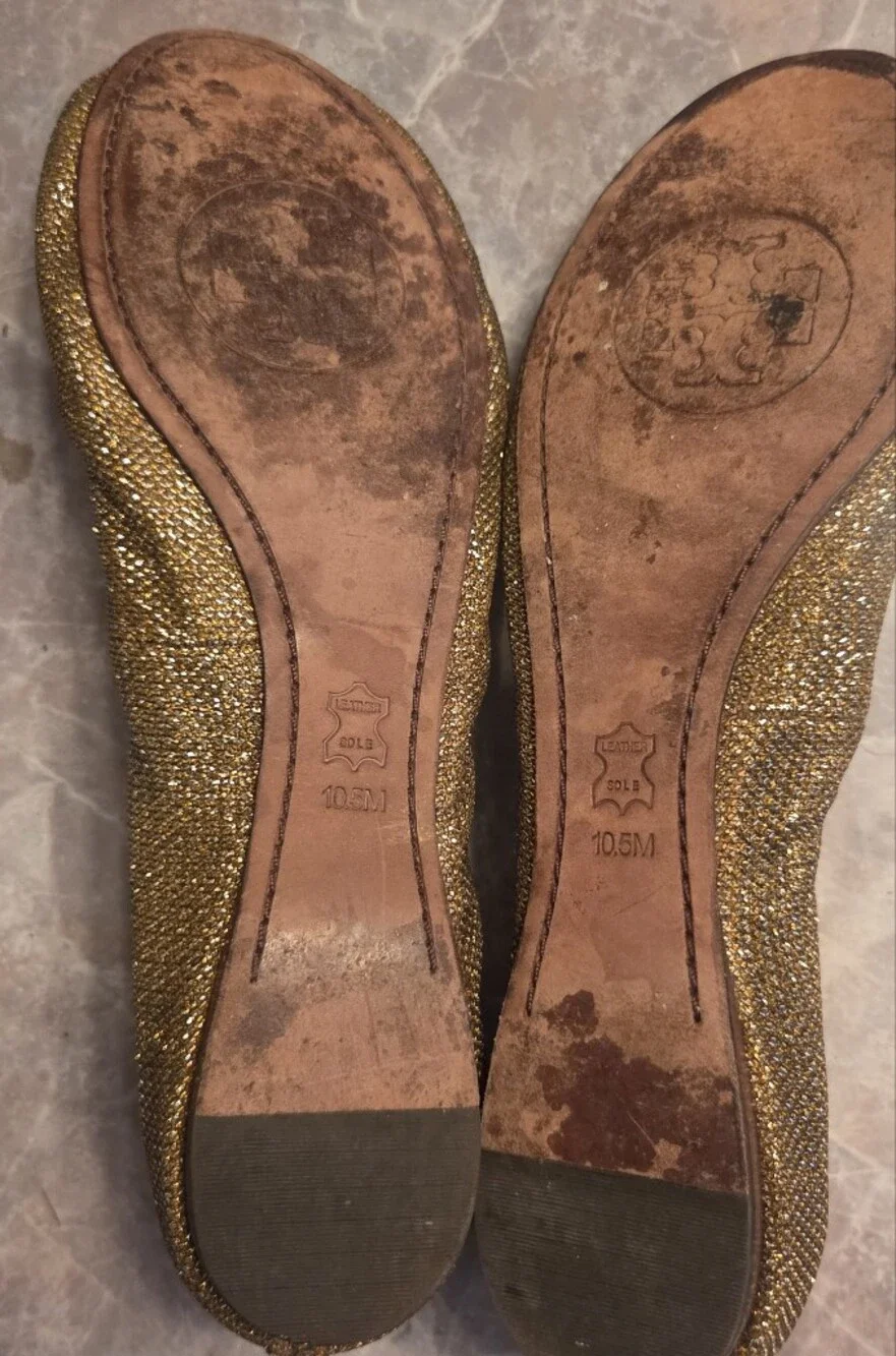 Tory Burch Metallic Gold Glitter Ballet Flats with Logo Medallion